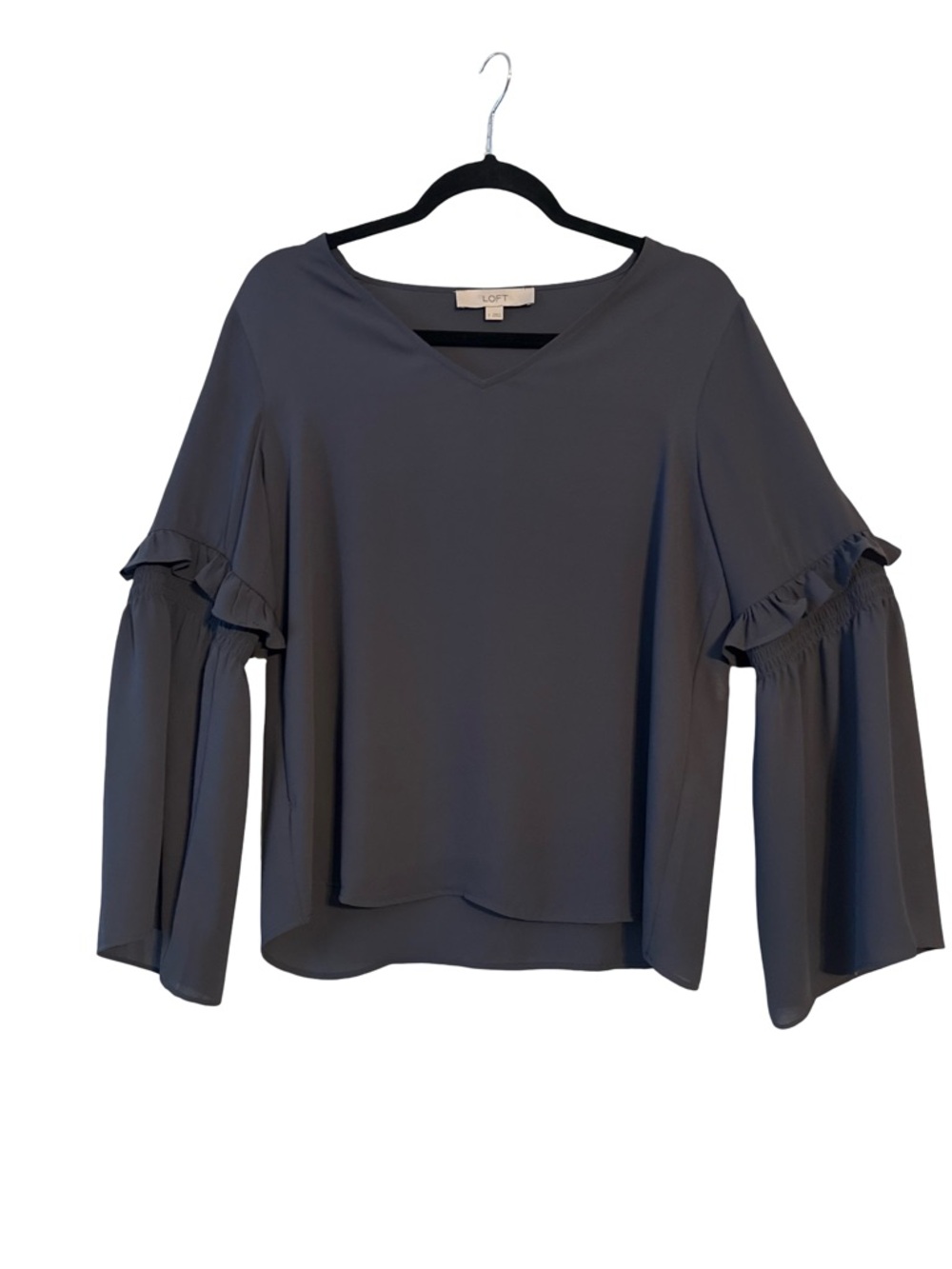 LOFT Charcoal Ruffle Bell Sleeve V-Neck Blouse